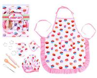 Gyermek konyhai készlet (kötény, sütőkesztű, fejfedő, fakanál, nyújtófa, fakanál, habverő, sütőformák)