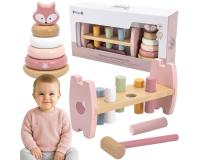 Montessori játékkészlet - fa piramis + kalapácsos játék - rózsaszín