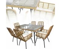 Kerti bútor szett barna asztal 6 székkel és bézs párnákkal