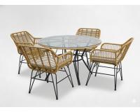 Kerti bútor szett barna asztallal 4 székkel és szürke párnákkal