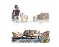 Fonott kötélből készült kerti bútor garnitúra - 2 fotel, kanapé, asztal