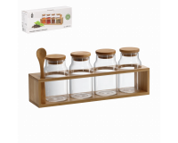 Üvegtégely szett 4 x 350 ml – Fa fedéllel, bambusz talppal és fakanállal