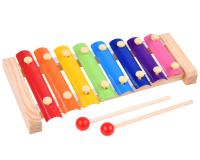 Színes fa xilofon fémlapokkal, két ütővel