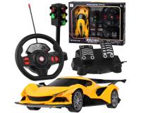 Sportautó kormánykerékkel és pedállal- Sárga