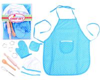 Gyermek konyhai készlet kék színben (kötény, szakács sapka, kesztyű, törlőruha, sodrófa, fakanál, habverő, sütőformák)