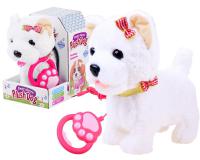 Interaktív plüss kutya pórázzal fehér színben, piros masnival