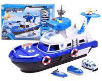 Rendőrségi anyahajó helikopterleszállóval + helikopterrel, kisbusszal, csónakkal és motorcsónakkal