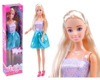 Hosszú szőke hajú anily baba rózsaszín-kék kisruhában (30 cm)