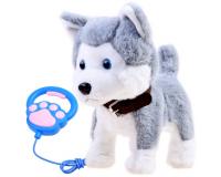 Bájos interaktív plüss Husky kutya pórázon -szürke-fehér
