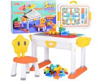 3 az 1-ben gyermek asztal és szék szett kétoldalas asztallappal és beépített tárolókkal (építő felület és társasjáték)