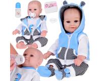 Interaktív fiú baba kék csíkos szettben - 50 cm