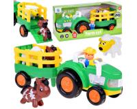 Interaktív traktor pótkocsival, gazdával és állatokkal