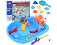 Kék vízes asztal  malomkerékkel és horgászfelszerelésekkel