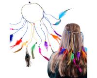 Boho fejpánt színes tollakkal és gyöngyökkel