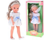 Bájos baba fehér ruhában, kék masnival - 33 cm