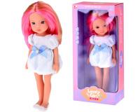 Bájos baba fehér ruhában, kék masnival - 33 cm-es