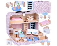 Babaház bőröndben, fa bútorokkal