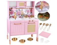 Imádnivaló, fából készült, rózsás játékkonyha gyerekeknek tűzhellyel, mosogatóval és edényekkel