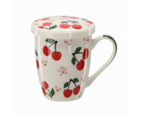 Porcelán bögre fedővel és szűrővel cseresznye mintás 340 ml