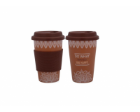 Porcelán utazó kávés pohár, szilikonos fogórésszel- 390ml -barna