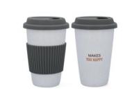 Porcelán utazó kávés pohár, szilikonos fogórésszel- 390ml -szürke/fehér