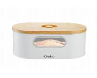 Fehér zománcozott kenyértároló doboz bambusz vágódeszka fedéllel, kis ablakkal,