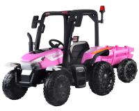 Elektromos 4x4 meghajtású egyszemélyes traktor pótkocsival rózsaszín színben