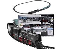 Elemes gőzmozdony utasszállító- és szenes kocsikkal, sínekkel