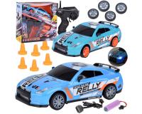 Távirányítós drift versenyautó pótkerekekkel, bólyákkal kék színben