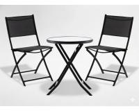 Erkélybútor-garnitúra, asztal + 2 összecsukható szék, fekete fém és üveg