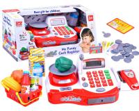 Pénztárgép mérleggel és bevásárlókosárral piros színben