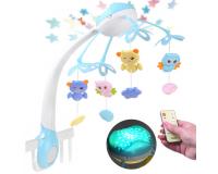 Zenélő kiságyforgó színes kis baglyokkal, csillag mintás kivetítővel kék színben