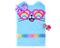 Szőrös titkos napló kék színű cica mintával, lakattal