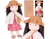 Rongybaba barna hajjal, rózsaszín csíkos ruhában - 28 cm magas