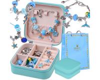 Kék gyöngykészlet ékszeres dobozban papírtáskával karkötő készítéséhez