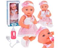 36 cm magas baba cumisüveggel, cumival és cumilánccal csinos ruhában