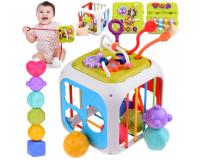 Formaválogató kocka csörgőkkel, szenzoros játékokkal