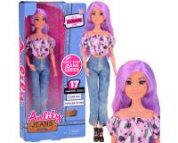 Anlily baba hosszú lilás hajjal, farmerben és mintás blúzban - 32 cm magas