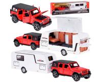 Piros fém terepjáró lakókocsival 1:32 méretarányban hang- és fényeffektusokkal