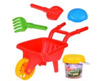 Homokozó készlet talicskával, vödörrel, lapáttal, gereblyével piros színben