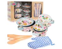 Alumínium edénykészlet virágos mintával, fakanalakkal, sütőkesztyűvel