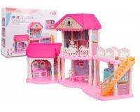 Gyönyörű, nagy, rózsaszín babaház bútorokkal és egy babával