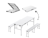 Összecsukható fehér kemping- és catering bútorszett – asztal + 2 pad 178 × 66 × 74 cm