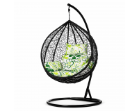 Fekete rattan hatású függőfotel zöld virágos ülőpárnával