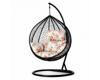 Fekete rattan hatású függőfotel rózsa  mintás ülőpárnával